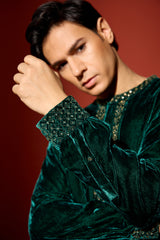 Velvet Hand Embroidered Kurta -Green
