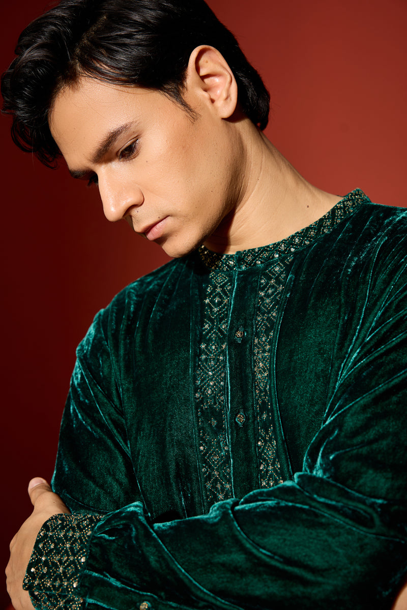 Velvet Hand Embroidered Kurta -Green