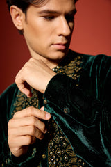 Velvet Hand Embroidered Kurta - Green