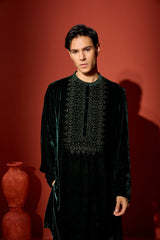 Velvet Hand Embroidered Kurta - Green
