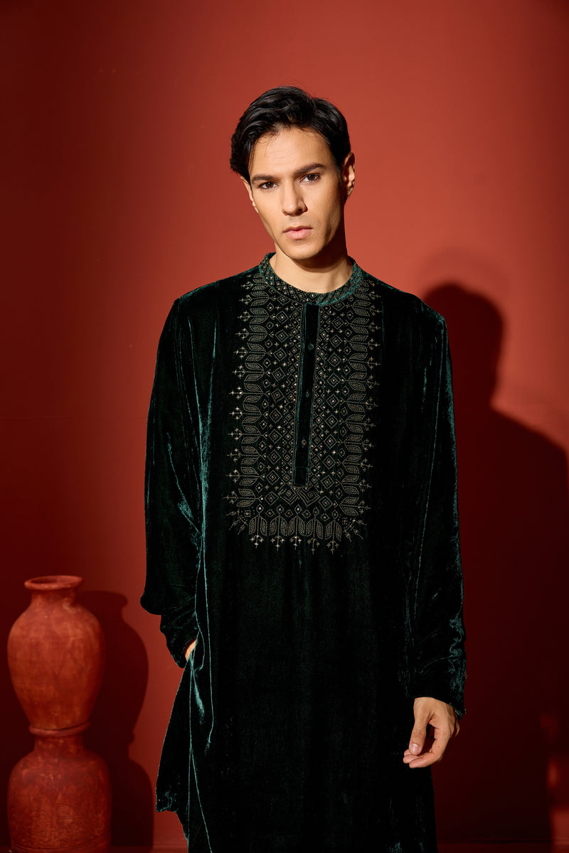 Velvet Hand Embroidered Kurta - Green