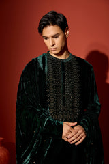Velvet Hand Embroidered Kurta - Green