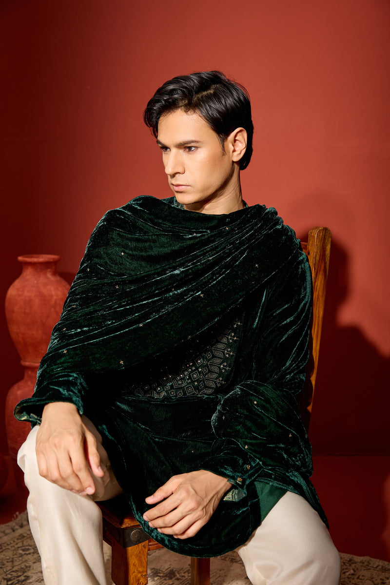 Velvet Hand Embroidered Dupatta -Green