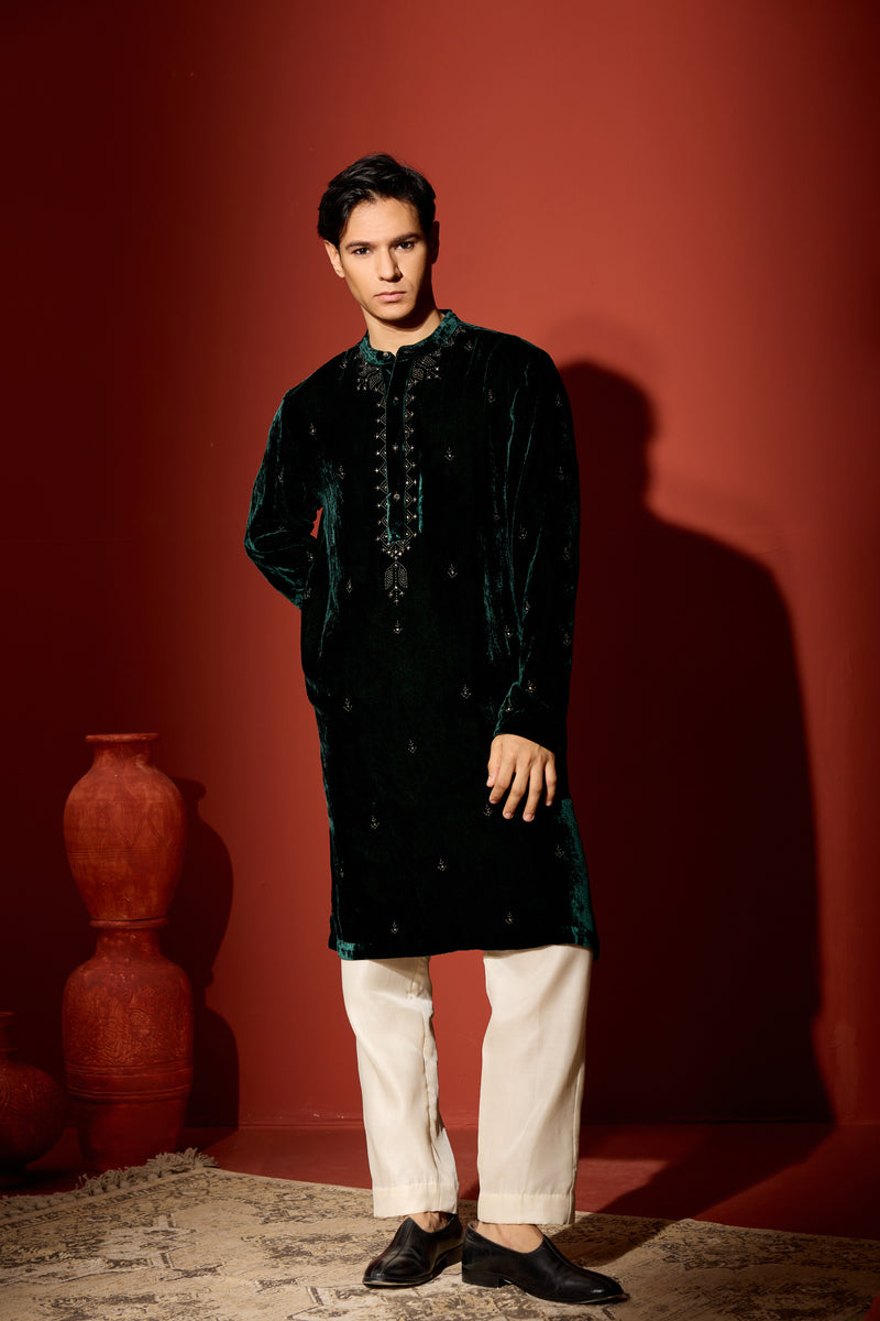 Velvet Hand Embroidered Kurta -Green