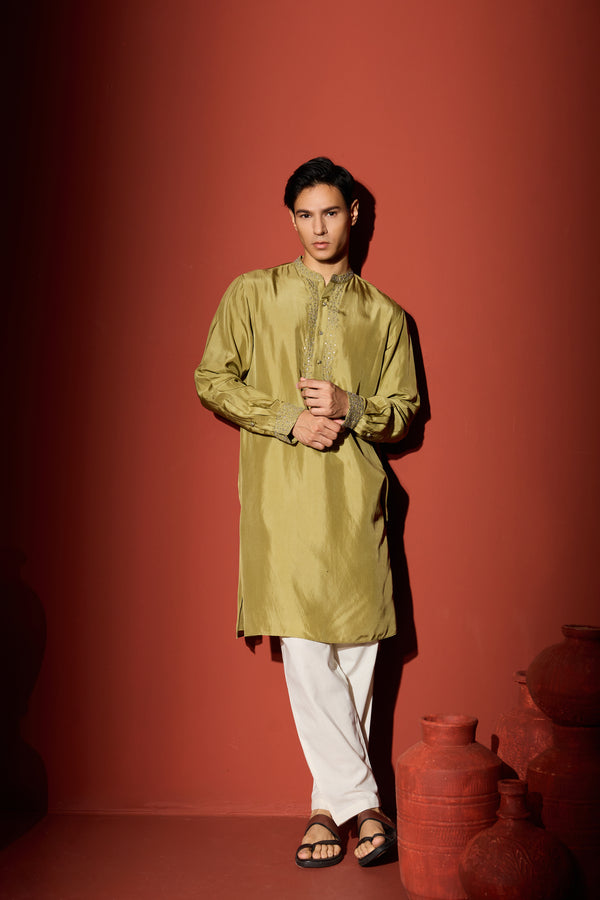 Silk Hand Embroidered Kurta - Green