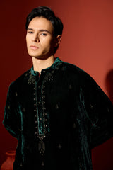 Velvet Hand Embroidered Kurta -Green
