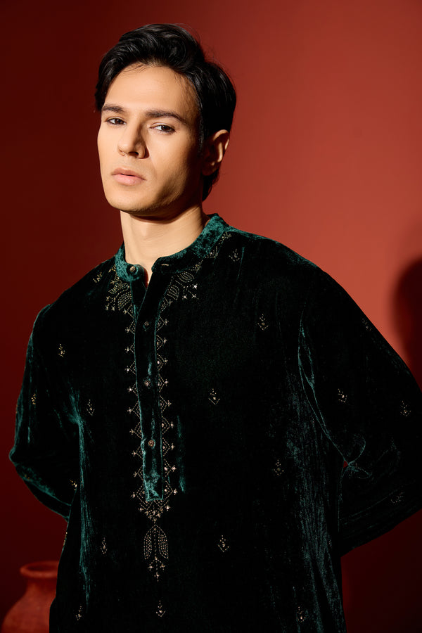 Velvet Hand Embroidered Kurta -Green