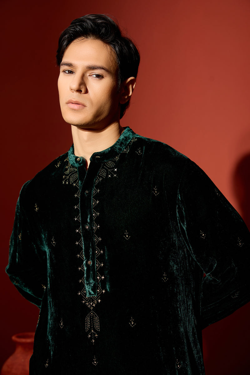 Velvet Hand Embroidered Kurta -Green