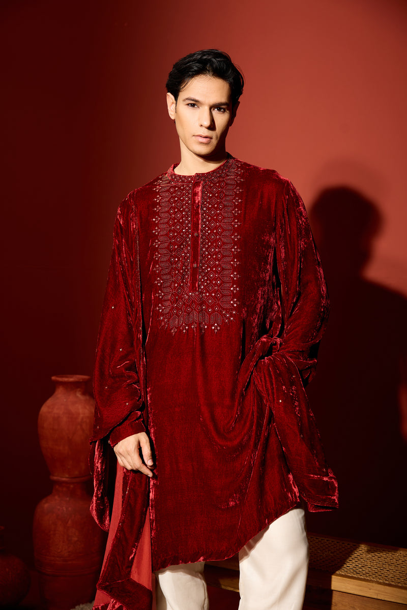Velvet Hand Embroidered Kurta -Maroon