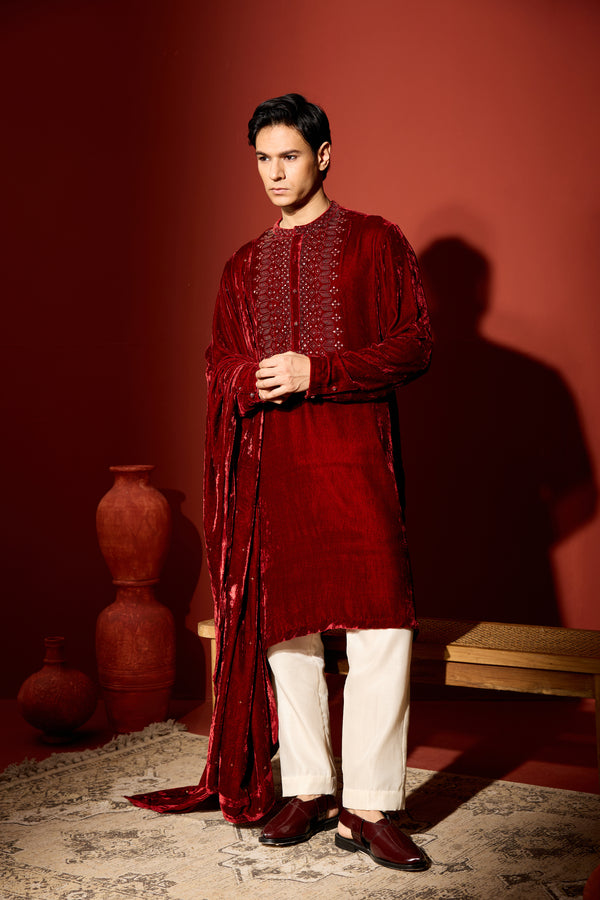 Velvet Hand Embroidered Kurta -Maroon
