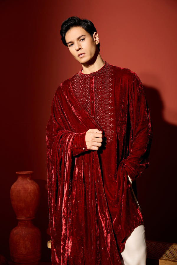 Velvet Hand Embroidered Dupatta - Red
