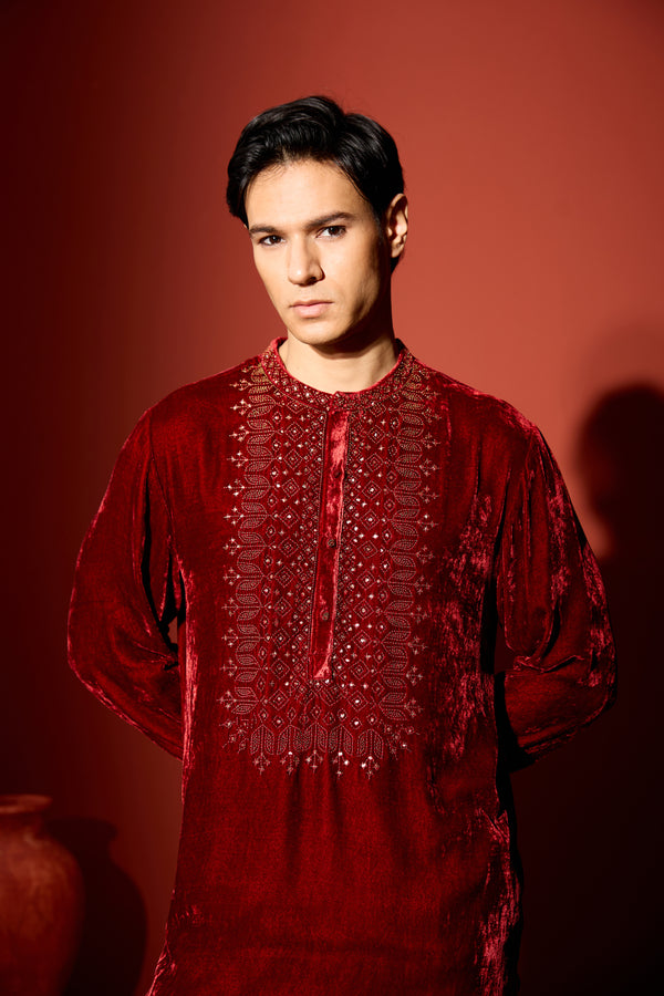 Velvet Hand Embroidered Kurta -Maroon