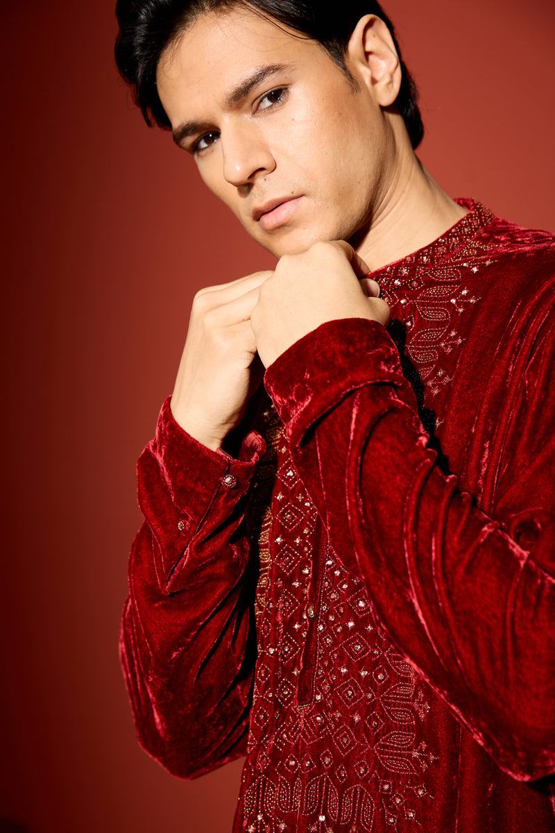 Velvet Hand Embroidered Kurta -Maroon