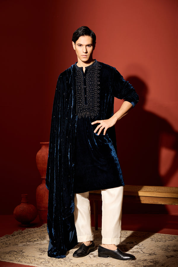 Velvet Hand Embroidered Kurta - Blue