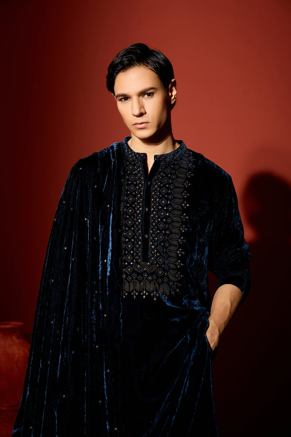 Velvet Hand Embroidered Dupatta - Blue