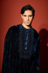 Velvet Hand Embroidered Kurta - Blue