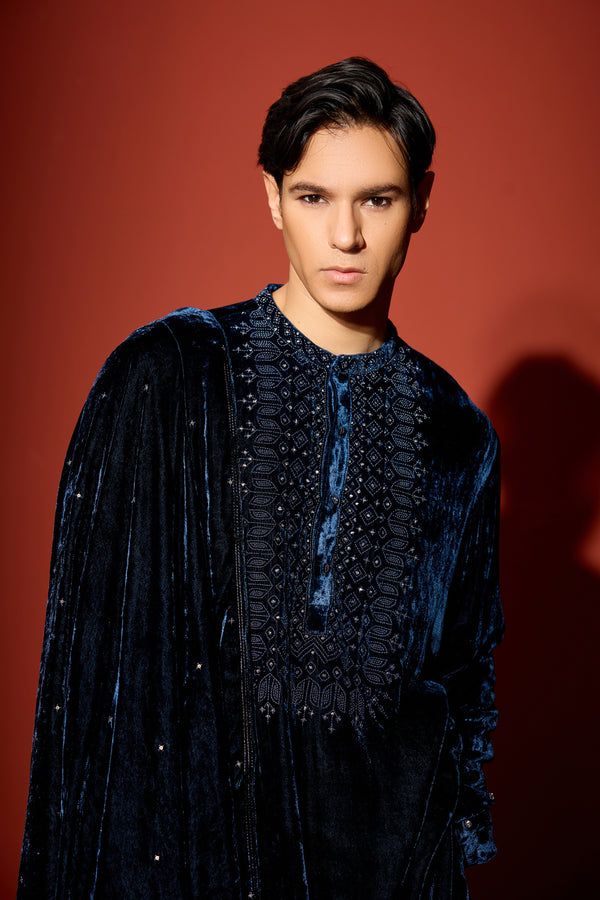 Velvet Hand Embroidered Dupatta - Blue