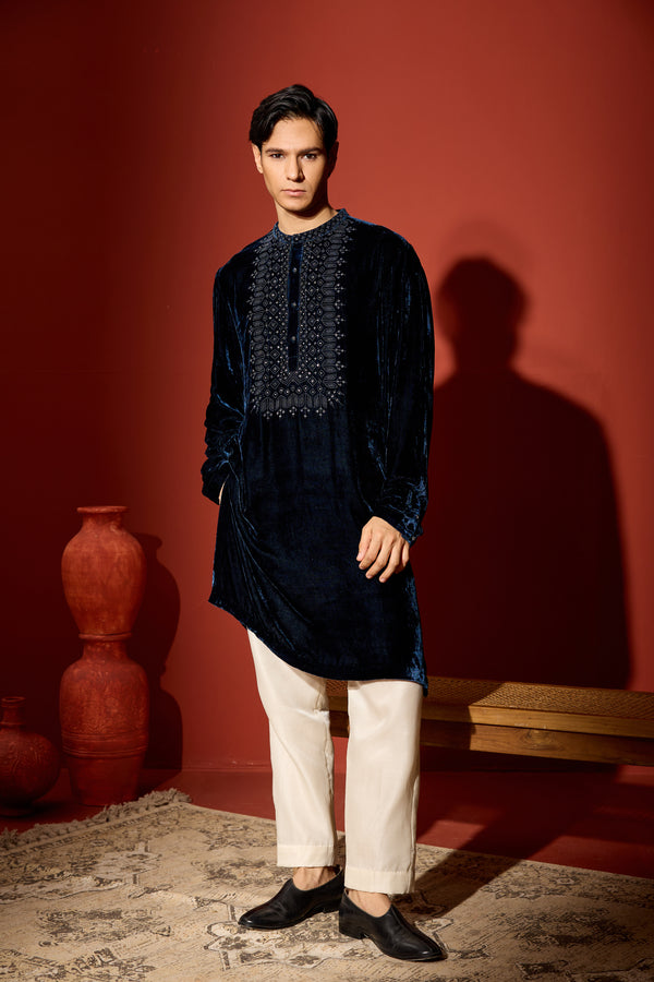Velvet Hand Embroidered Kurta - Blue