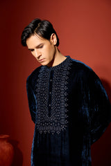 Velvet Hand Embroidered Kurta - Blue