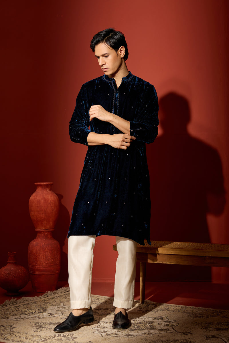 Velvet Hand Embroidered Kurta - Blue