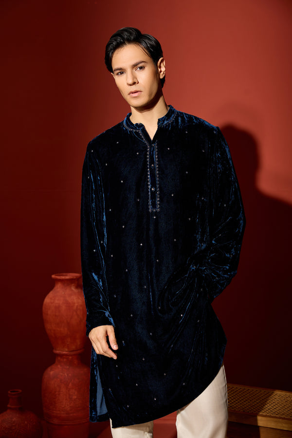Velvet Hand Embroidered Kurta - Blue