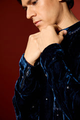 Velvet Hand Embroidered Kurta - Blue