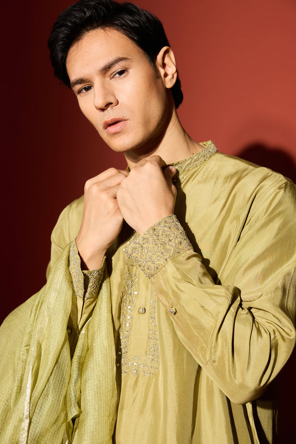 Silk Hand Embroidered Kurta - Green