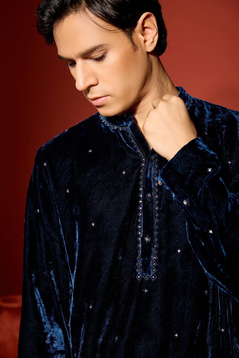 Velvet Hand Embroidered Kurta - Blue
