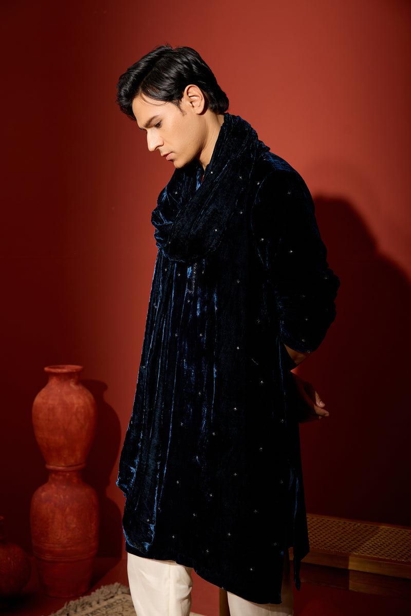 Velvet Hand Embroidered Dupatta - Blue