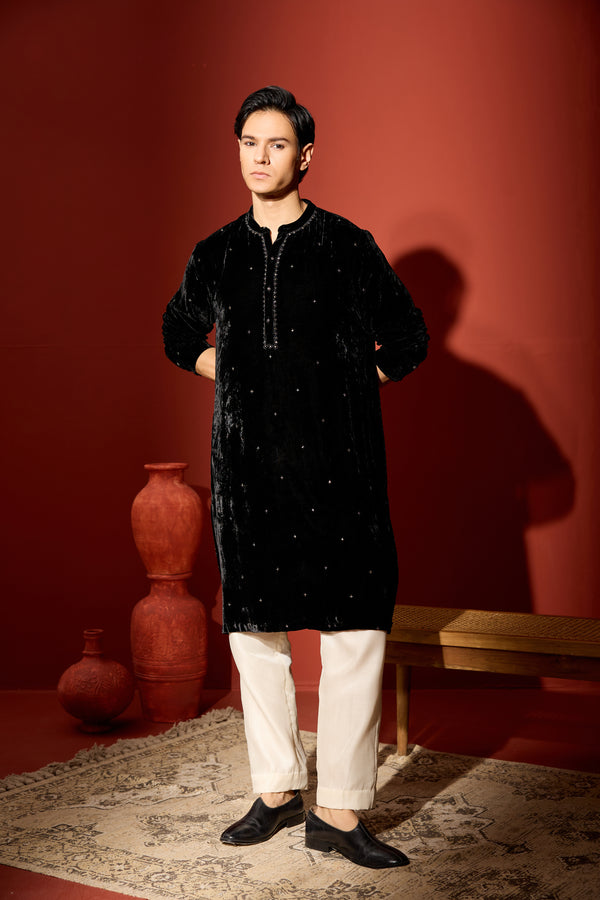 Velvet Hand Embroidered Kurta -Black
