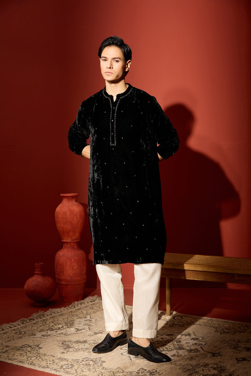 Velvet Hand Embroidered Kurta -Black