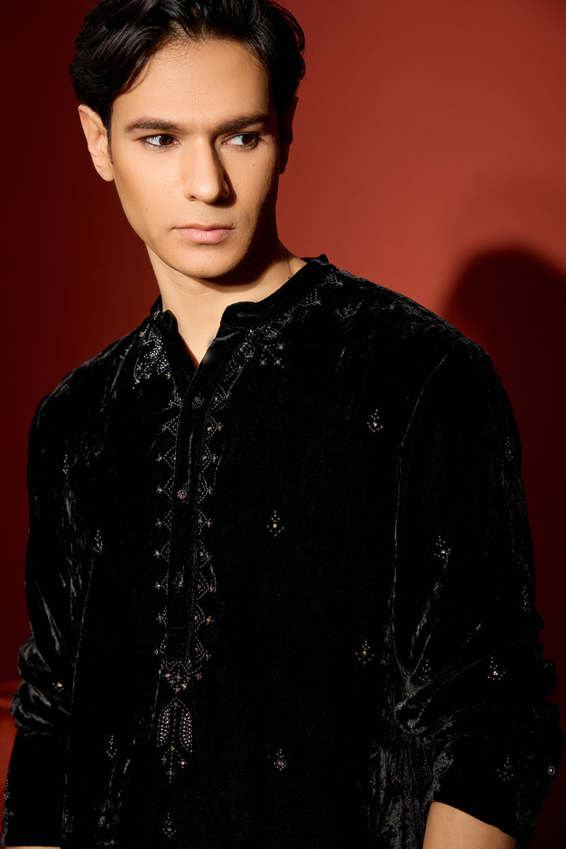 Velvet Hand Embroidered Kurta -Black