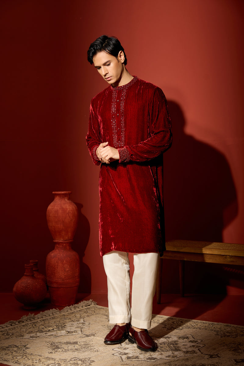 Velvet Hand Embroidered Kurta - Maroon