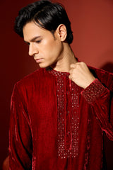 Velvet Hand Embroidered Kurta - Maroon