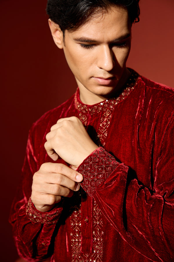 Velvet Hand Embroidered Kurta - Maroon