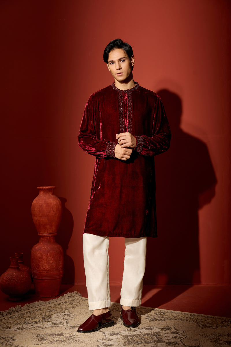 Velvet Hand Embroidered Kurta - Maroon