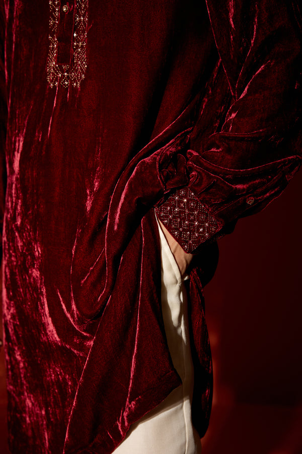 Velvet Hand Embroidered Kurta - Maroon
