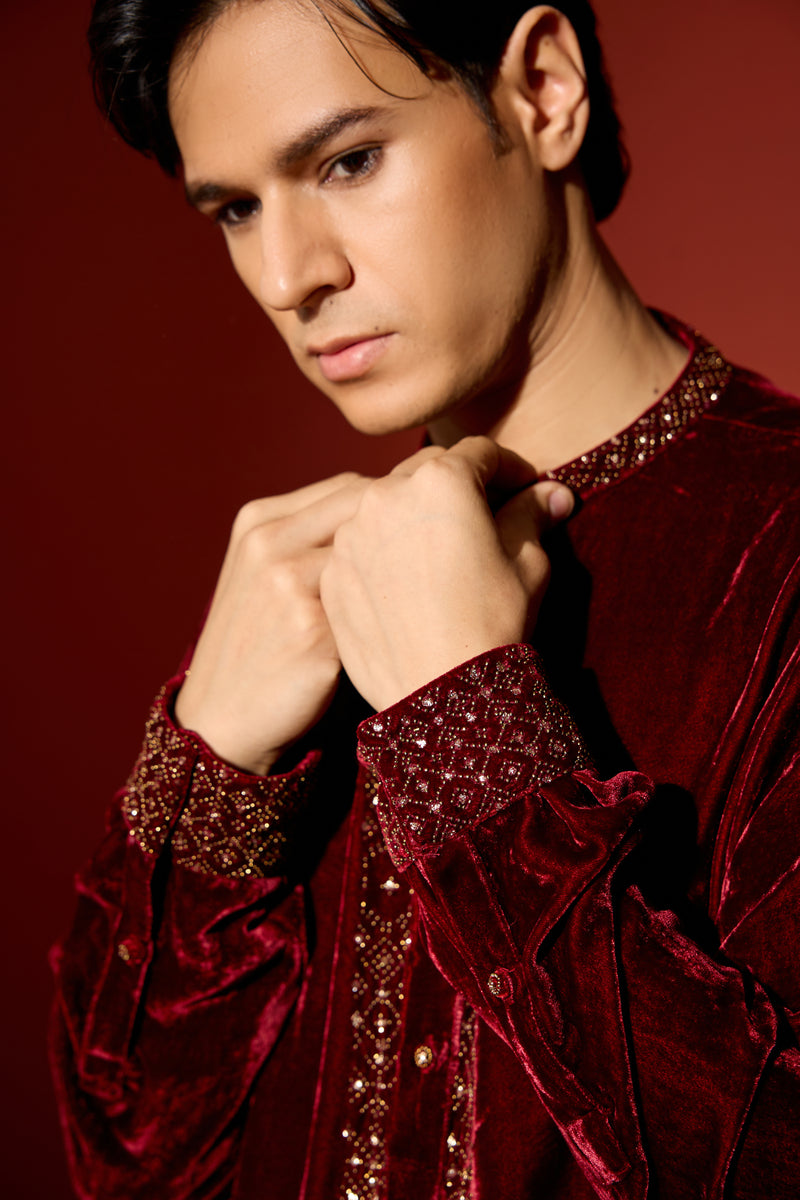 Velvet Hand Embroidered Kurta - Maroon