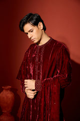 Velvet Hand Embroidered Kurta - Maroon