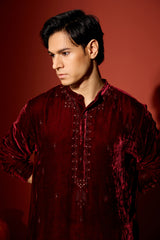 Velvet Hand Embroidered Kurta -Maroon