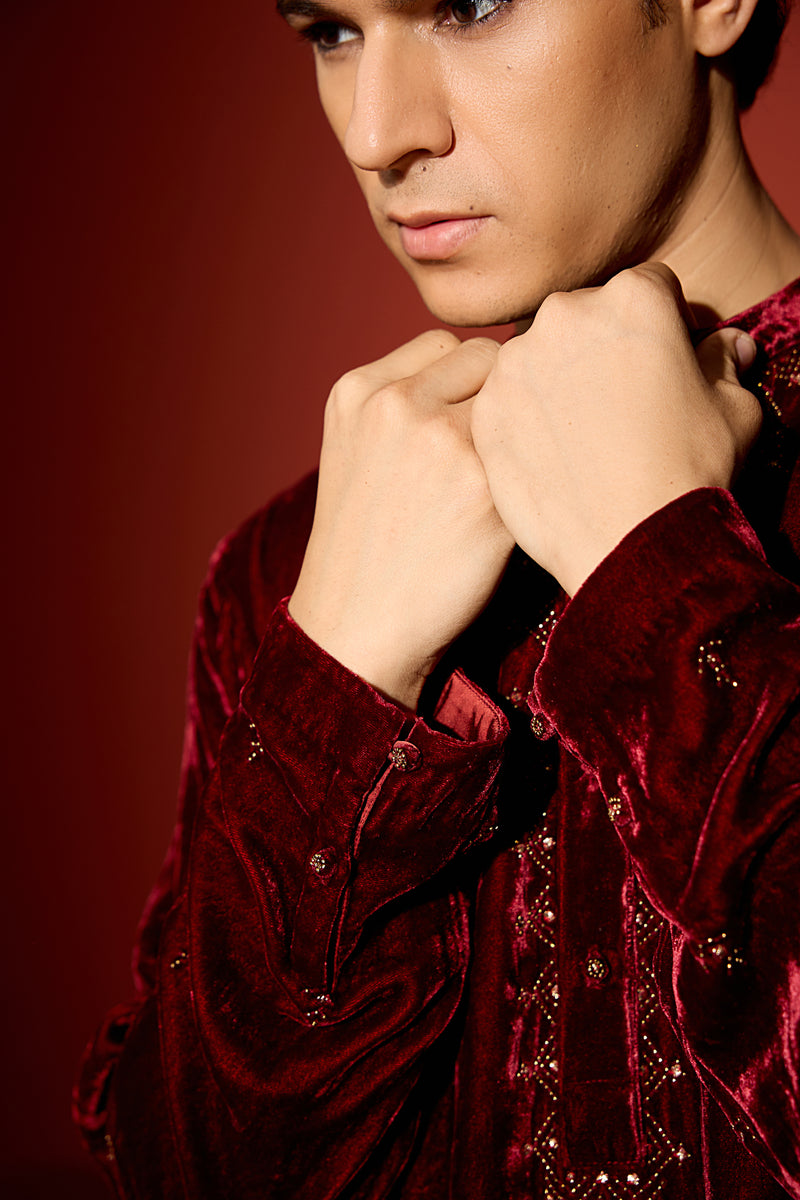 Velvet Hand Embroidered Kurta -Maroon