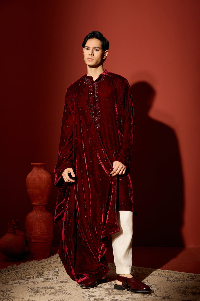 Velvet Hand Embroidered Kurta -Maroon