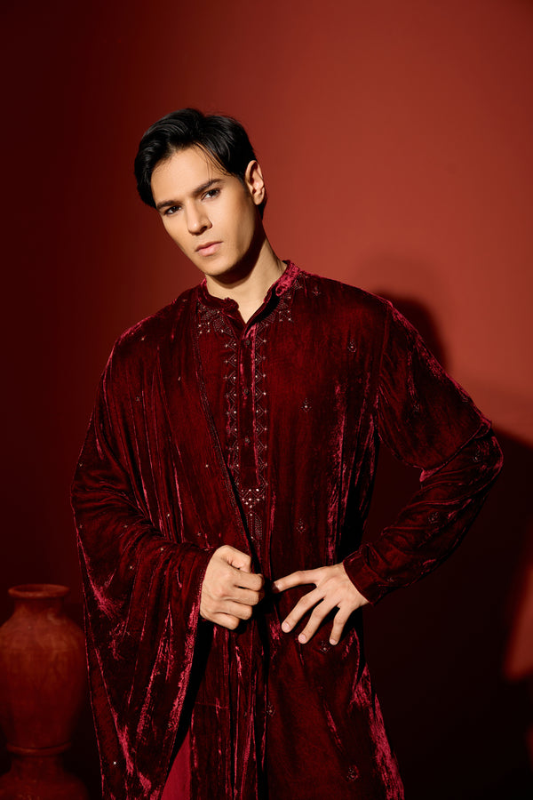 Velvet Hand Embroidered Dupatta - Maroon