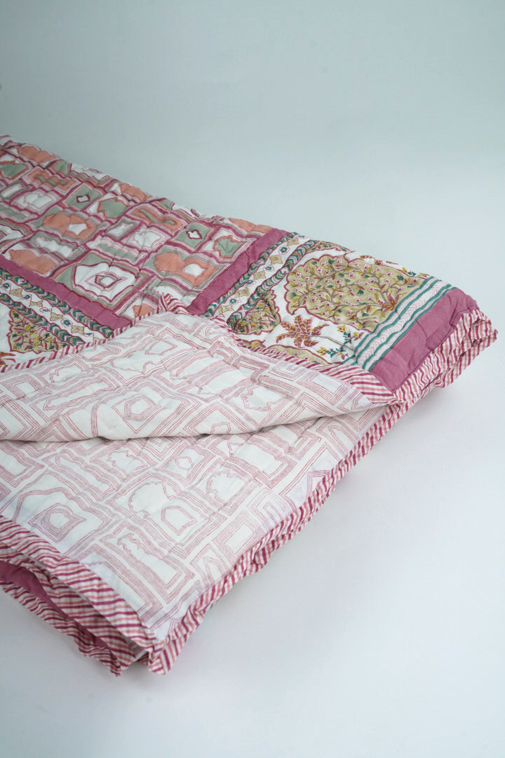 Cotton Hand Block Printed Quilt - Peach Pink