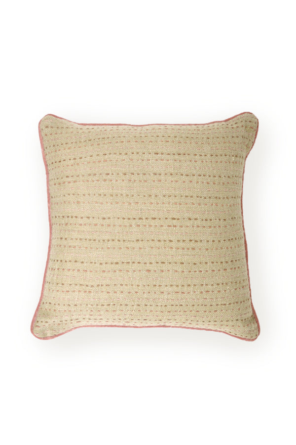 Linen Kantha Embroidered Cushion - Beige