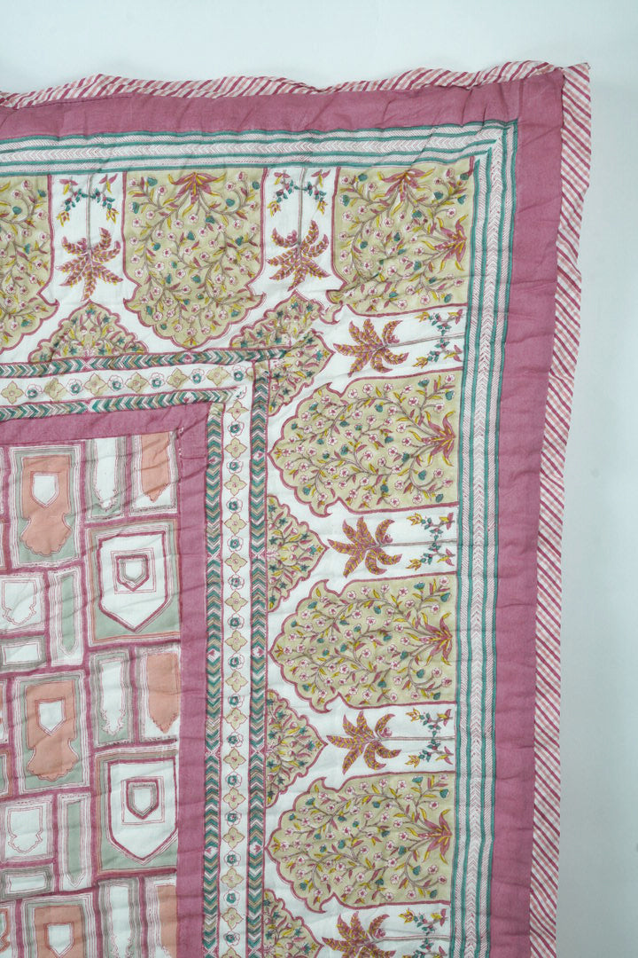 Cotton Hand Block Printed Quilt - Peach Pink