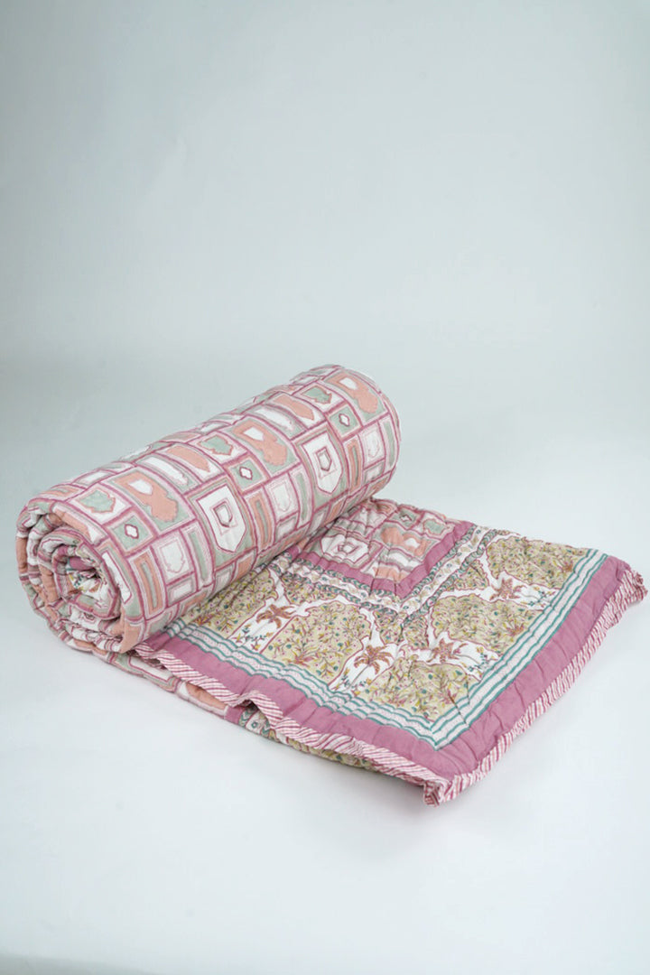 Cotton Hand Block Printed Quilt - Peach Pink