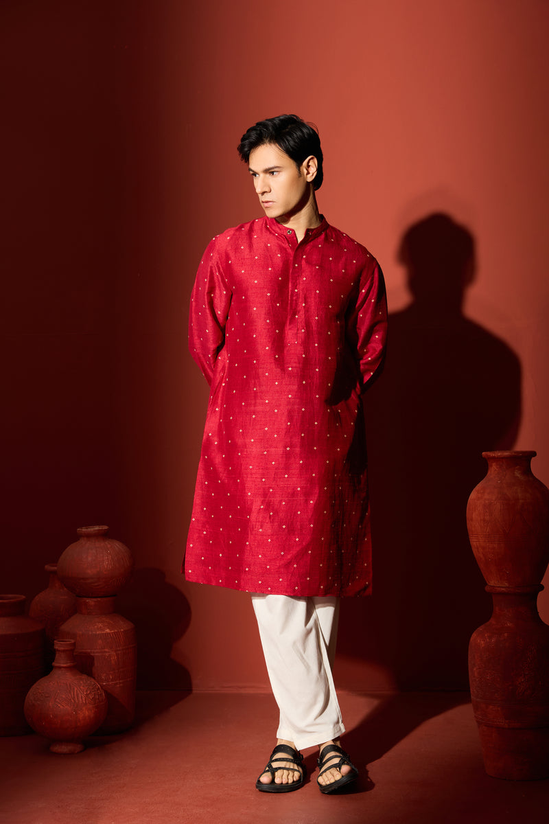 Silk Block Printed Kurta - Maroon