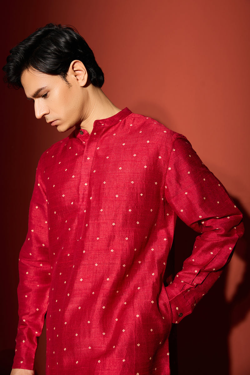 Silk Block Printed Kurta - Maroon