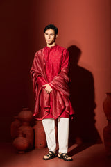 Silk Block Printed Kurta - Maroon